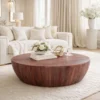 Arthur Handcarved 48 Inch Drum Shape Round Top Mango Wood Distressed Wooden Coffee Table, Brown