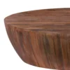 Arthur Handcarved 48 Inch Drum Shape Round Top Mango Wood Distressed Wooden Coffee Table, Brown