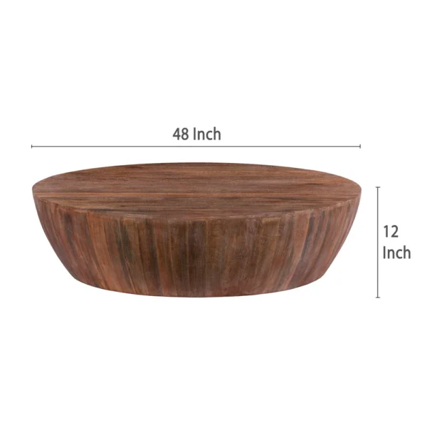 Arthur Handcarved 48 Inch Drum Shape Round Top Mango Wood Distressed Wooden Coffee Table, Brown
