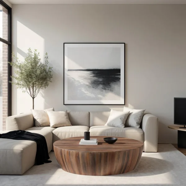 Arthur Handcarved 48 Inch Drum Shape Round Top Mango Wood Distressed Wooden Coffee Table, Brown