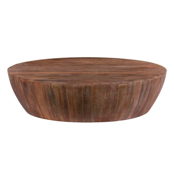 Arthur Handcarved 48 Inch Drum Shape Round Top Mango Wood Distressed Wooden Coffee Table, Brown