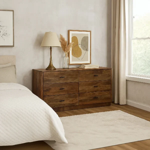 Tao 6 Drawers Dresser, Mango Wood, Walnut Finish, 60"