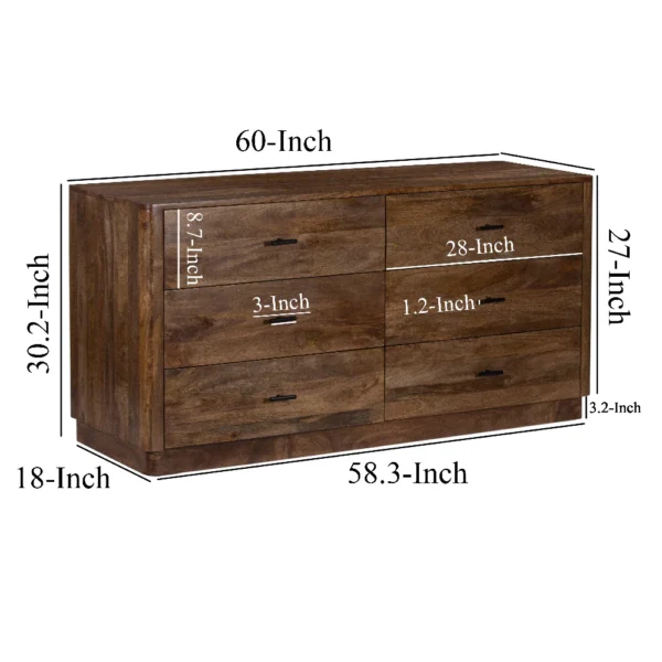 Tao 6 Drawers Dresser, Mango Wood, Walnut Finish, 60"