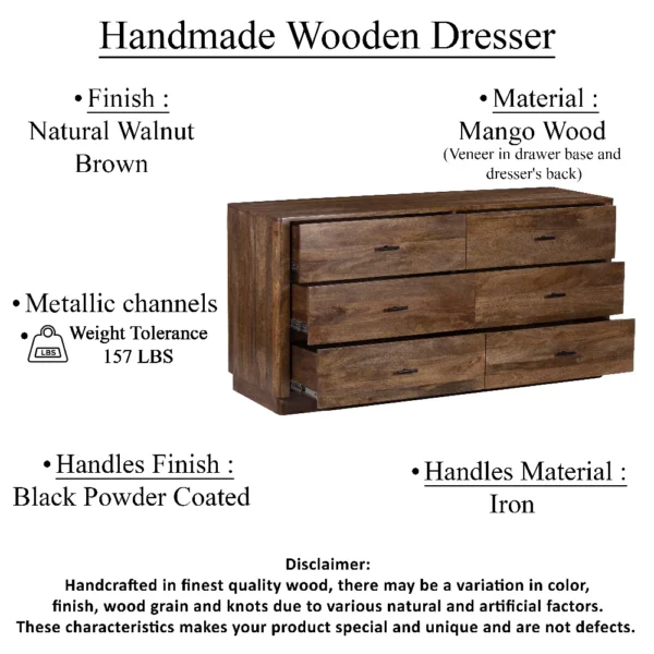 Tao 6 Drawers Dresser, Mango Wood, Walnut Finish, 60"