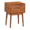 Nali Bedside Nightstand Table, 2 Drawers, Natural Brown Mango Wood, Brass Knobs