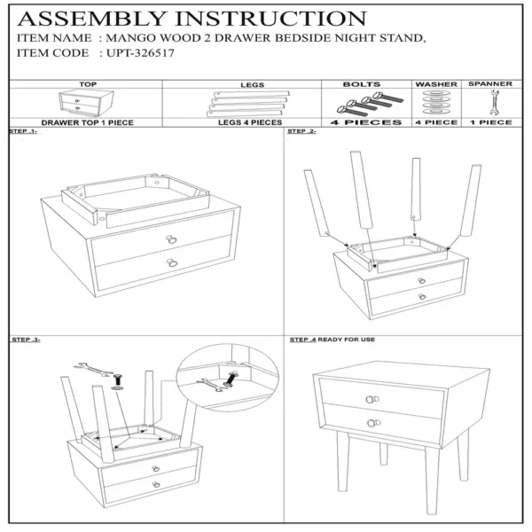 Nali Bedside Nightstand Table, 2 Drawers, Natural Brown Mango Wood, Brass Knobs