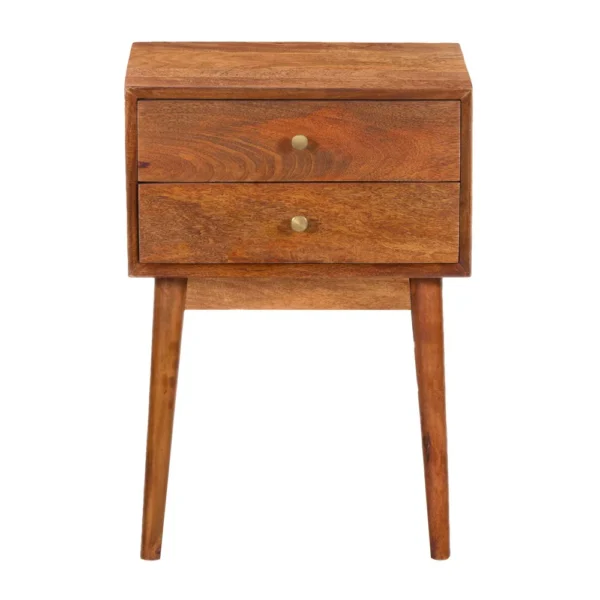Nali Bedside Nightstand Table, 2 Drawers, Natural Brown Mango Wood, Brass Knobs