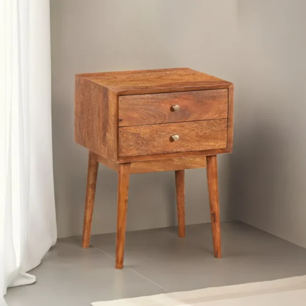 Nali Bedside Nightstand Table, 2 Drawers, Natural Brown Mango Wood, Brass Knobs