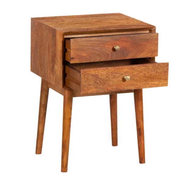 Nali Bedside Nightstand Table, 2 Drawers, Natural Brown Mango Wood, Brass Knobs