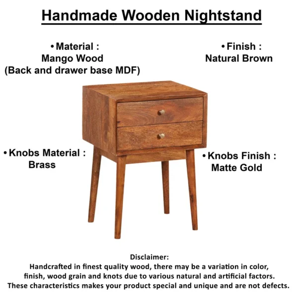Nali Bedside Nightstand Table, 2 Drawers, Natural Brown Mango Wood, Brass Knobs