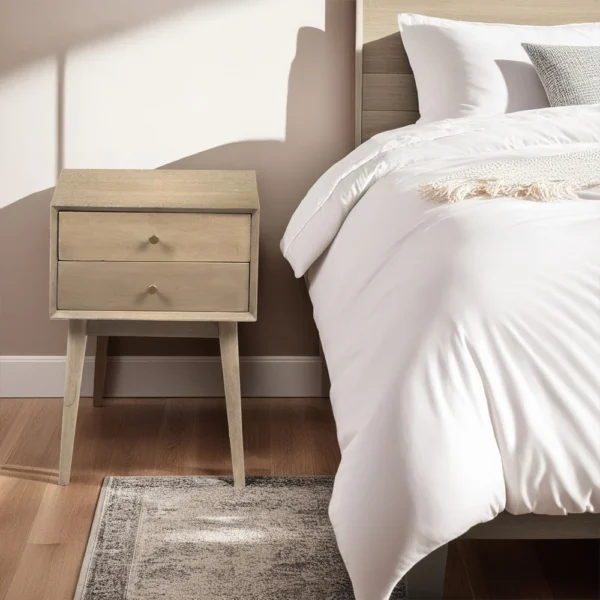 Nali Bedside Nightstand Table, 2 Drawers, Sandblasted Washed Ash White Mango Wood, Brass Knobs