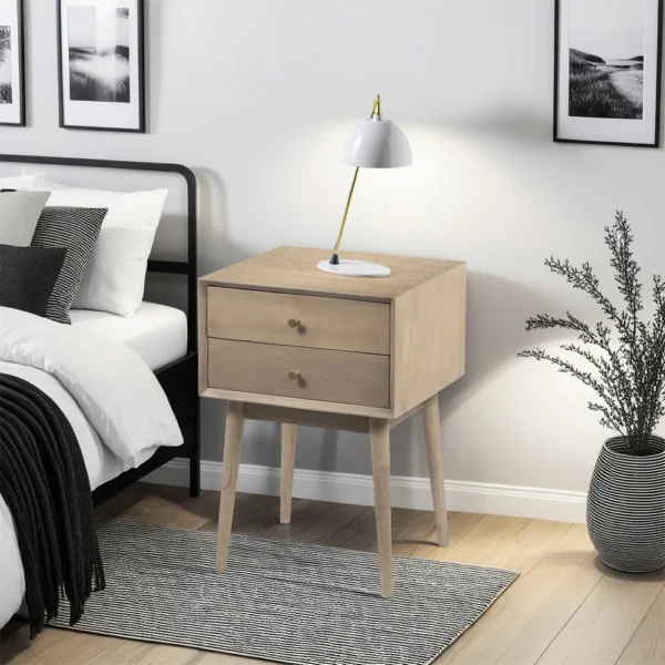 Nali Bedside Nightstand Table, 2 Drawers, Sandblasted Washed Ash White Mango Wood, Brass Knobs