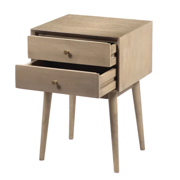 Nali Bedside Nightstand Table, 2 Drawers, Sandblasted Washed Ash White Mango Wood, Brass Knobs