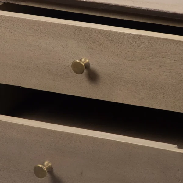 Nali Bedside Nightstand Table, 2 Drawers, Sandblasted Washed Ash White Mango Wood, Brass Knobs