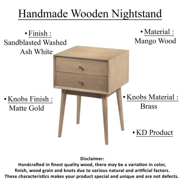 Nali Bedside Nightstand Table, 2 Drawers, Sandblasted Washed Ash White Mango Wood, Brass Knobs