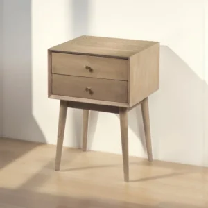 Nali Bedside Nightstand Table, 2 Drawers, Sandblasted Washed Ash White Mango Wood, Brass Knobs