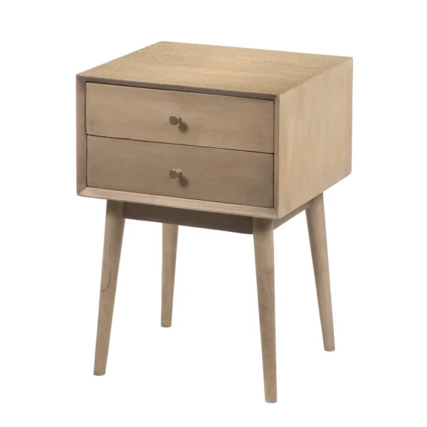 Nali Bedside Nightstand Table, 2 Drawers, Sandblasted Washed Ash White Mango Wood, Brass Knobs