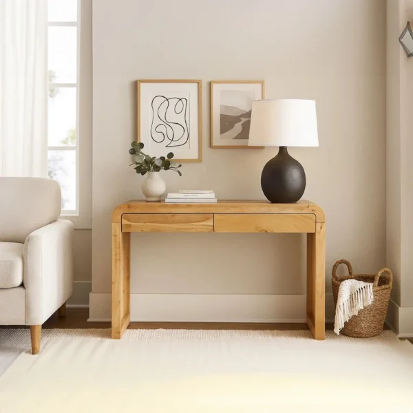 Arlow Console Table | 43" Wide Top | Handcrafted Natural Brown Acacia Wood | Dual Drawer Storage
