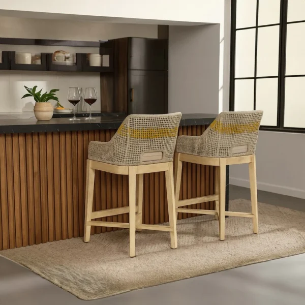 Avira 30 Inch Set of 2 Barstool Chairs | Handcrafted Mango Wood | Cotton Rope Weaving | Beige Cushion