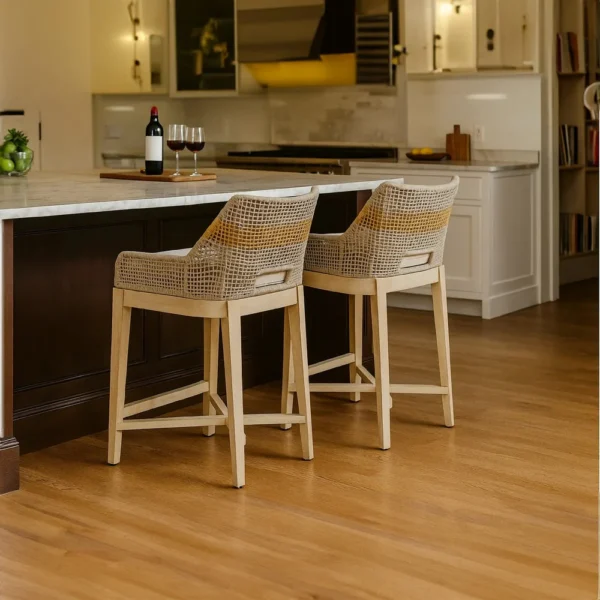 Avira 30 Inch Set of 2 Barstool Chairs | Handcrafted Mango Wood | Cotton Rope Weaving | Beige Cushion