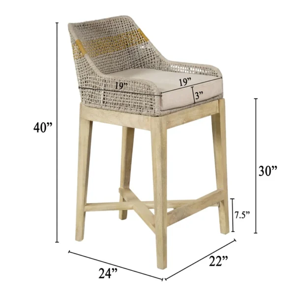 Avira 30 Inch Set of 2 Barstool Chairs | Handcrafted Mango Wood | Cotton Rope Weaving | Beige Cushion