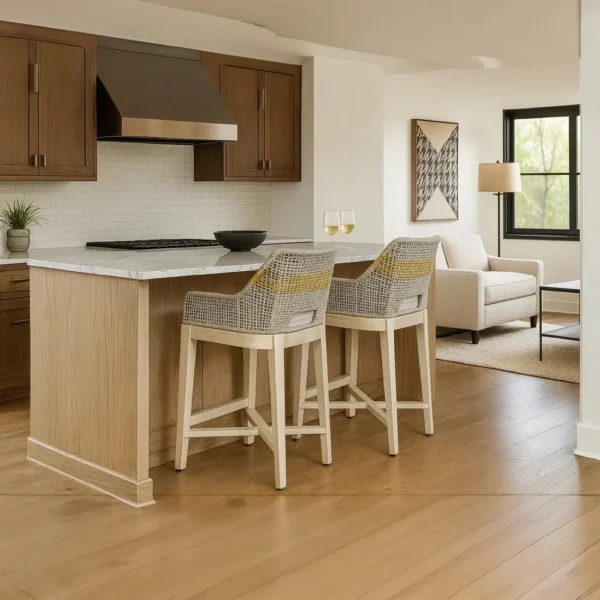 Avira 30 Inch Set of 2 Barstool Chairs | Handcrafted Mango Wood | Cotton Rope Weaving | Beige Cushion