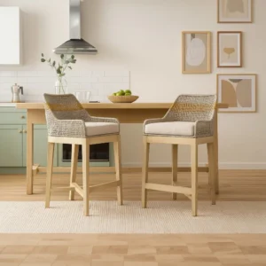 Avira 30 Inch Set of 2 Barstool Chairs | Handcrafted Mango Wood | Cotton Rope Weaving | Beige Cushion