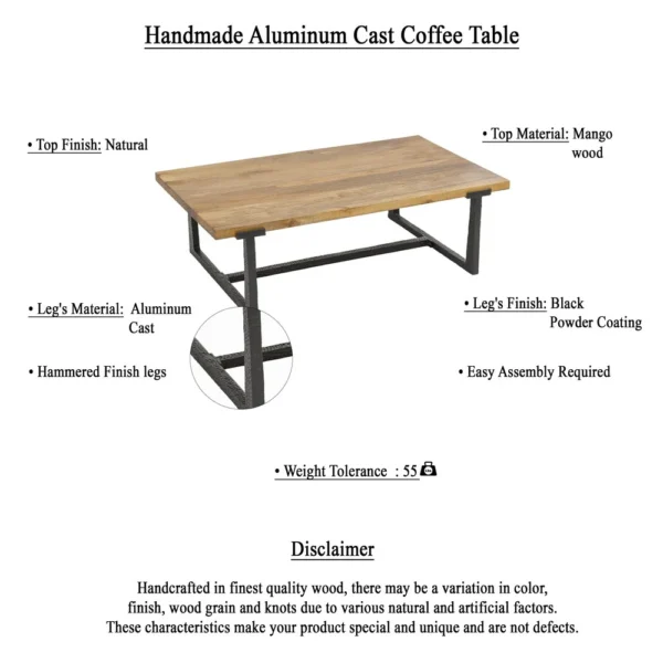 Marlon 48" Coffee Table | Handmade Aluminum Cast Black Frame | Natural Brown Solid Mango Wood Top