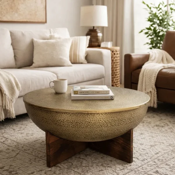 Arden Coffee Table | Round Hammered Metal Top | Mango Wood Base| Antique Brass