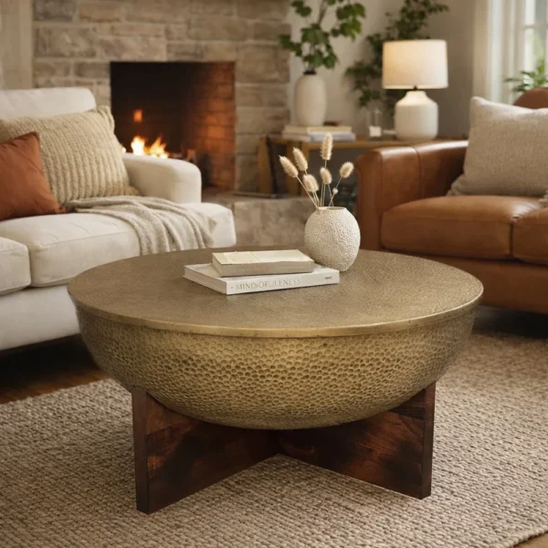 Arden Coffee Table | Round Hammered Metal Top | Mango Wood Base| Antique Brass