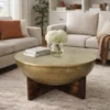 Arden Coffee Table | Round Hammered Metal Top | Mango Wood Base| Antique Brass