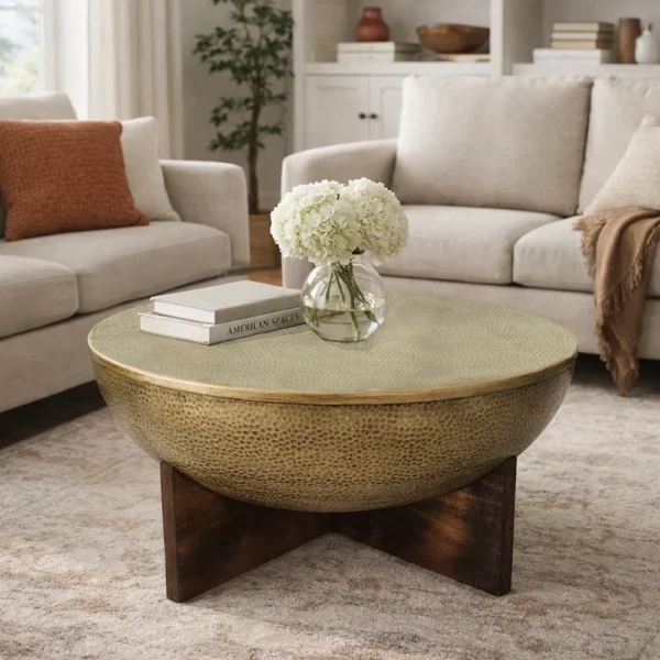 Arden Coffee Table | Round Hammered Metal Top | Mango Wood Base| Antique Brass