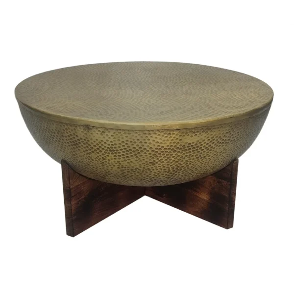 Arden Coffee Table | Round Hammered Metal Top | Mango Wood Base| Antique Brass