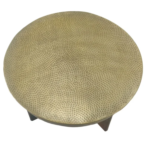 Arden Coffee Table | Round Hammered Metal Top | Mango Wood Base| Antique Brass