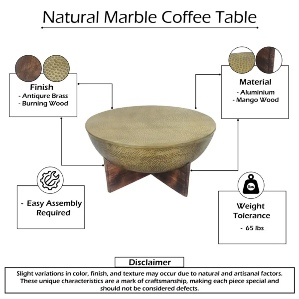 Arden Coffee Table | Round Hammered Metal Top | Mango Wood Base| Antique Brass