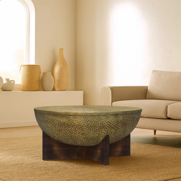 Arden Coffee Table | Round Hammered Metal Top | Mango Wood Base| Antique Brass