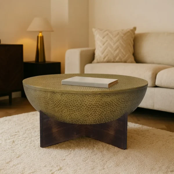 Arden Coffee Table | Round Hammered Metal Top | Mango Wood Base| Antique Brass