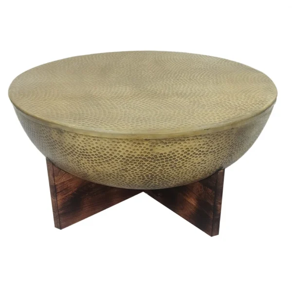Arden Coffee Table | Round Hammered Metal Top | Mango Wood Base| Antique Brass