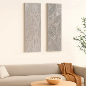 2pc Wood Wall Art Panels | 16x48 Inch Abstract Geometric and Wave Pattern Decor | Distressed Gray