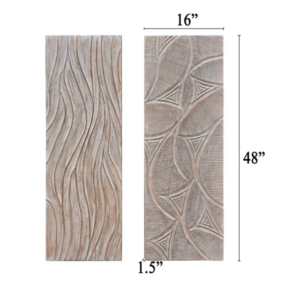 UPT-330435_5 2pc Wood Wall Art Panels | 16x48 Inch Abstract Geometric and Wave Pattern Decor | Distressed Gray
