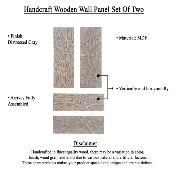 UPT-330435_6 2pc Wood Wall Art Panels | 16x48 Inch Abstract Geometric and Wave Pattern Decor | Distressed Gray
