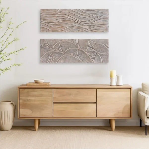 UPT-330435_7 2pc Wood Wall Art Panels | 16x48 Inch Abstract Geometric and Wave Pattern Decor | Distressed Gray