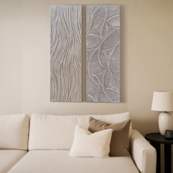 UPT-330435_9 2pc Wood Wall Art Panels | 16x48 Inch Abstract Geometric and Wave Pattern Decor | Distressed Gray