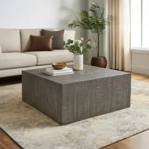 Rydan Coffee Table | 33 Inch Square Block Top | Sandblasted Gray Mango Wood