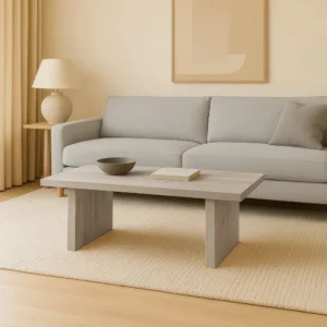 Nira Coffee Table | 48 Inch Rectangular Top | Handcrafted Washed White Acacia Wood | Panel Leg Base