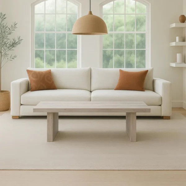 Nira Coffee Table | 48 Inch Rectangular Top | Handcrafted Washed White Acacia Wood | Panel Leg Base