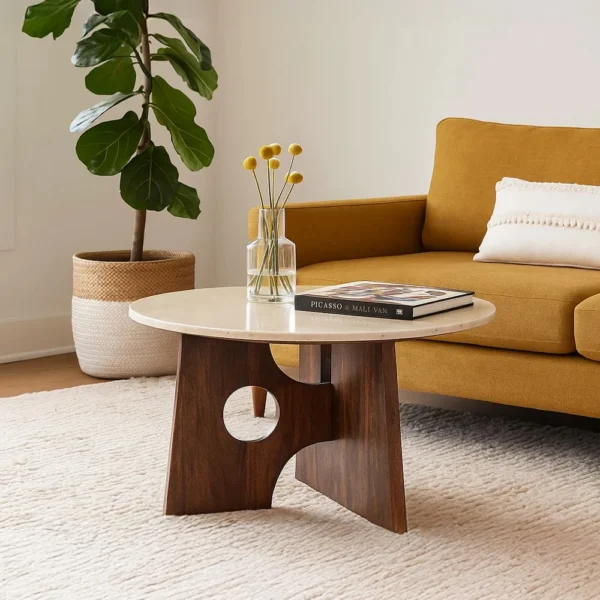 Kali Coffee Table | 27" Natural Round Marble Tabletop | Dark Brown Mango Wood Sculptural Base