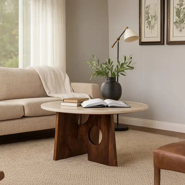 Kali Coffee Table | 27" Natural Round Marble Tabletop | Dark Brown Mango Wood Sculptural Base