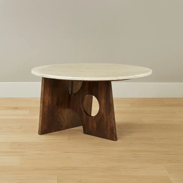 Kali Coffee Table | 27" Natural Round Marble Tabletop | Dark Brown Mango Wood Sculptural Base