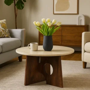 Kali Coffee Table | 27" Natural Round Marble Tabletop | Dark Brown Mango Wood Sculptural Base